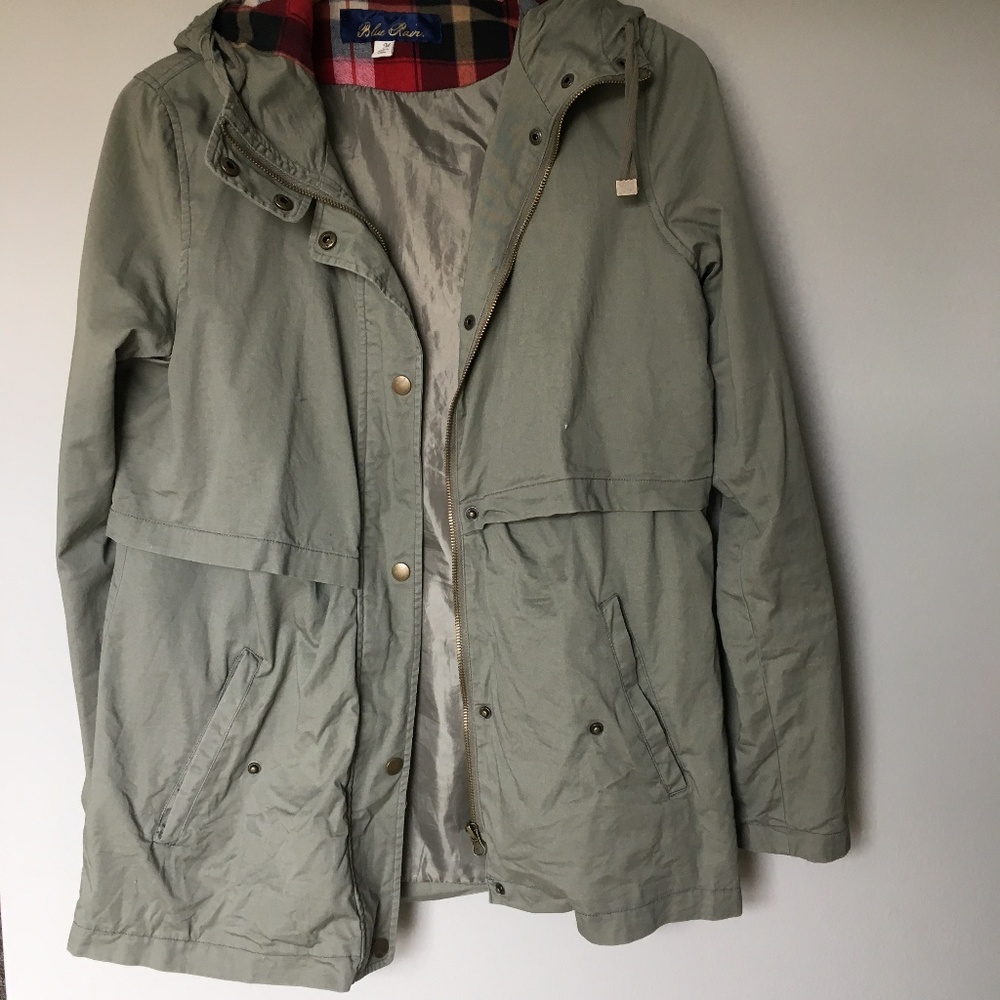 Olive Jacket with Plaid Hood